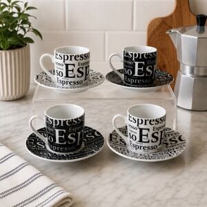 Konitz Espresso Typography Demitasse Cup & Saucer Set of 4 Black White